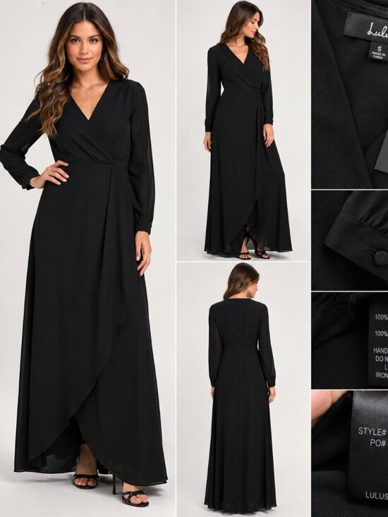 Lulus Dresses & Skirts - NWT Lulu's Black Long Sleeve Faux Wrap Maxi Dress Women's Size S Elegant Formal.